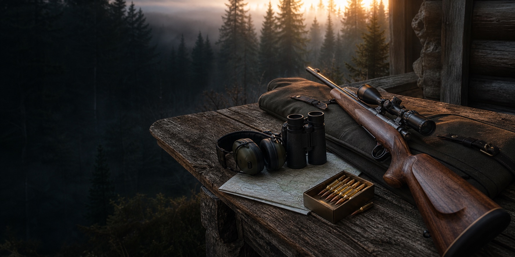 Hunting equipment at a cedar cabin