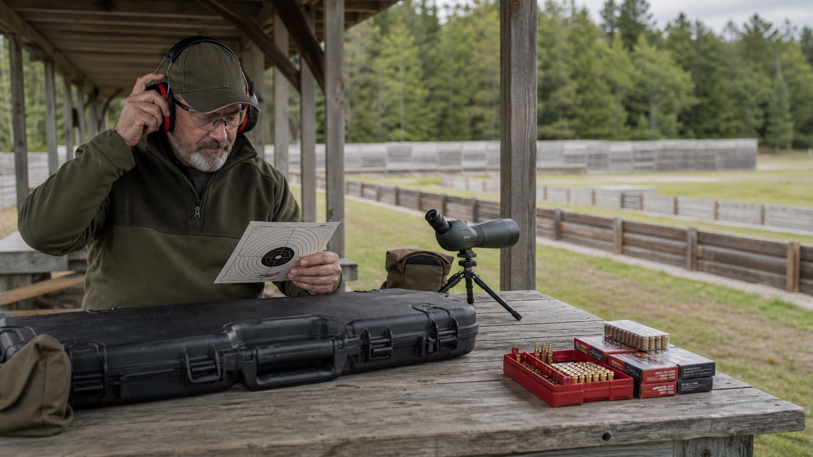 Sport shooter reviewing a target at an outdoor range
